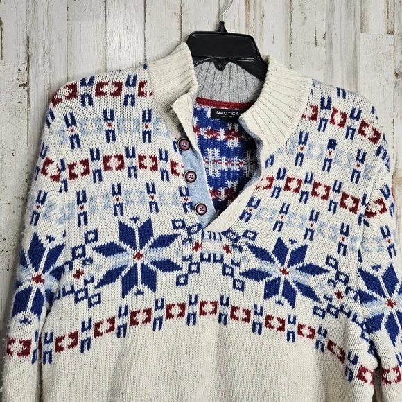 Nautica Men's Wool Blend 1/4 Button Fair Isle Snowflake Sweater Size XL - Picture 6 of 14